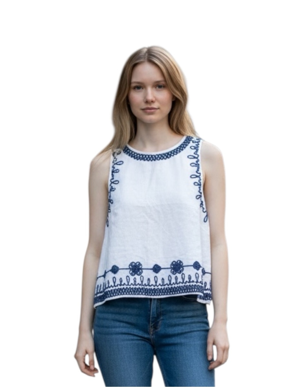 Rachel Zoe White Embroidered Sleeveless Linen Top with Navy Detail Size XS